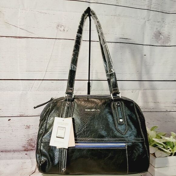 New With Tags Bridge Road Medium Bag/Purse Handbag Black PKU Leather Embossed - Picture 1 of 11
